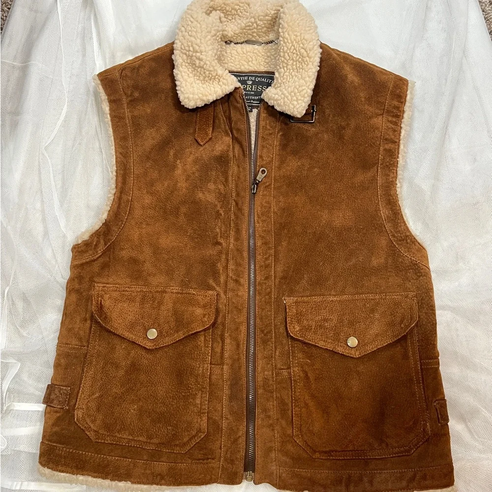 Express Brown Suede Leather Sherpa Vest Small - Picture 1 of 11